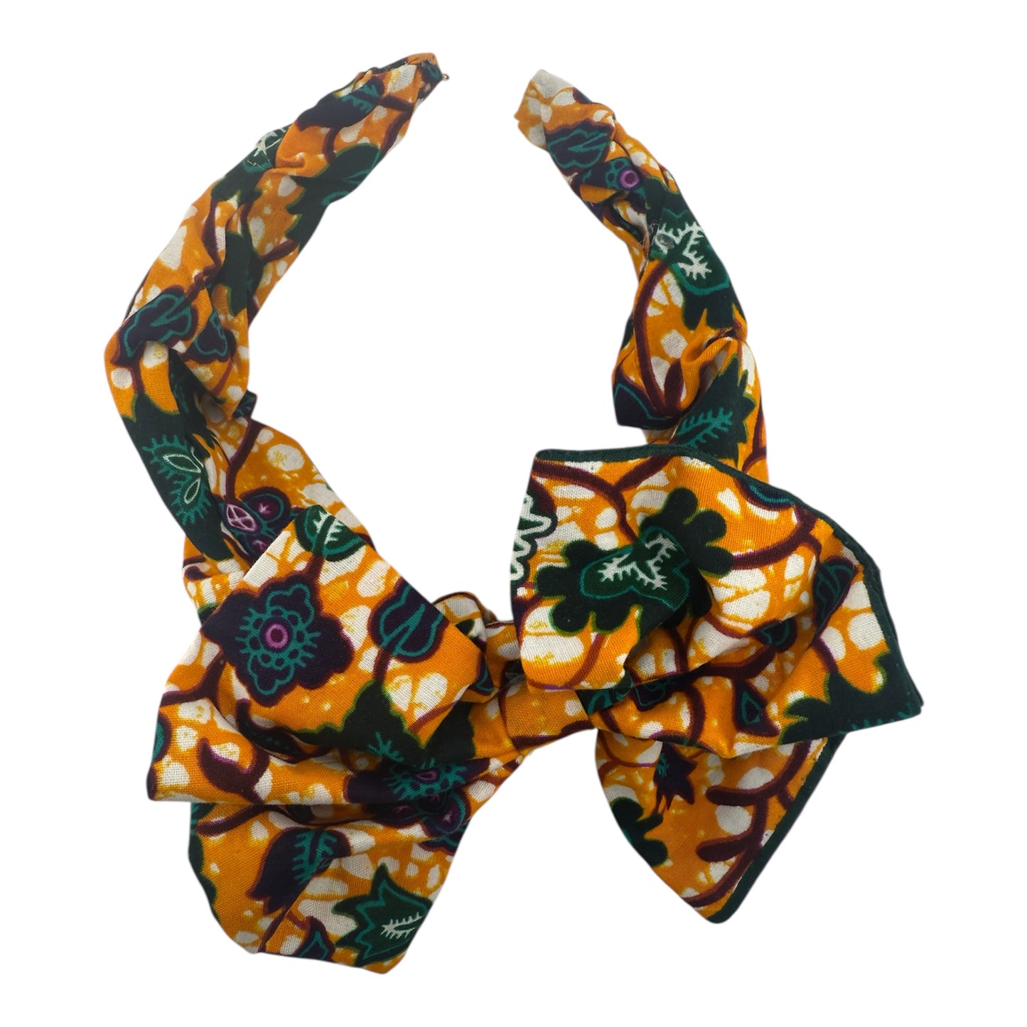 African Gold and Green Floral Headband with Bow